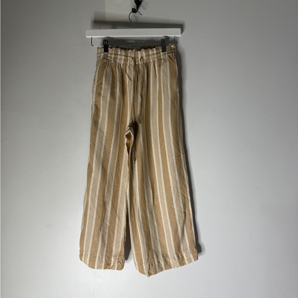 Madewell Brown White Stripe Linen Blend Smocked Huston Wide-Leg Cropped Pants XS - Picture 1 of 6
